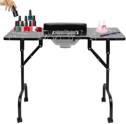 Table Manucure avec Aspirateur, Table Manucure Pliante Portable avec Sac Ventilateur Collecteur De PoussièRe roulettes Coussin De Poignet Amovible Motif Marbre pour Maison Salons 94 * 48 * 72cm
