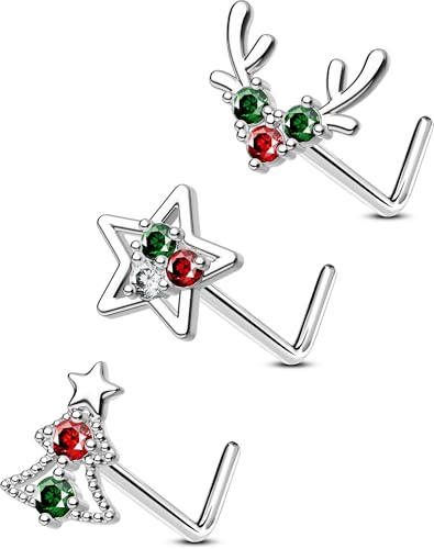 OUFER Kroppspiercing 3 st näspiercing dubbar 20 g jul L-form näsa piercing smycken bar 316L rostfritt stål näsborre smycken helix tragus stift kvinnor