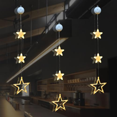 3 piezas de iluminación LED con estrellas para Navidad, decoración navideña para ventanas colgante, alimentada por batería con ventosa, cortina de luces para interior y exterior, cadena de luces para