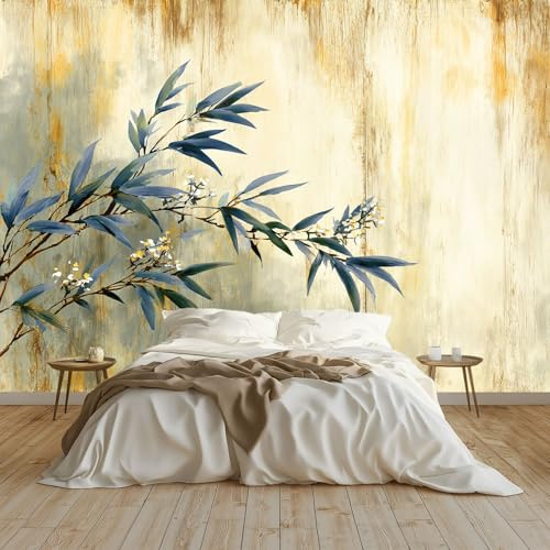 Beige Fondo de Pantalla PanoráMica 3d, Abstracto Acuarela Hojas De Bambú Fotomurales Mural 300 x 210 cm (An x Al) – Decoración de Pared Para Sala Cuarto Oficina y Salón