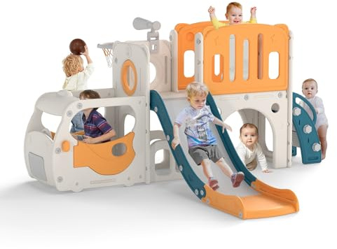 9 in 1 Indoor Slide for Toddler - Freestanding Baby Slide, Playground Kids Slider, Toddler Playset with Climber Slider, Basketball Hoop, Telescope, Storage Area and Tunnel, Bus (Green & Yellow)