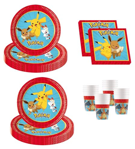 Procos - Decoración de cumpleaños Pokémon, 52 piezas, platos de cartón, vasos y servilletas para cumpleaños infantiles, vajilla de fiesta