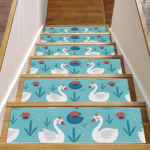 RODAILYCAY Tappetini per scale in legno, confezione da 15 tappeti antiscivolo per scale, eleganti cigni con corona d'acqua e loto per interni, lavabili, per bambini, anziani e animali domestici