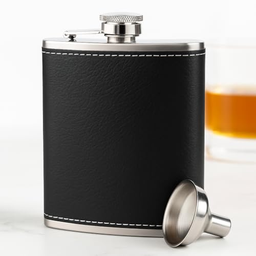 8 oz Stainless Steel Hip Flask with Funnel for Men and Women, Leak-Proof Pocket Whisky Flask with Black Textured Finish, Portable Alcohol Bottle for Camping, Festivals, Hiking, Travel and Gifting