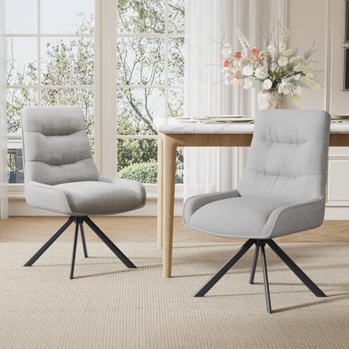 Ckaff Drehstuhl Esszimmer, 2er Set 360° Drehbar Esszimmerstuhl, Küchenstuhl, Polsterstuhl aus Chenille, Schminkstuhl mit Hoher Rückenlehne und Metallbeine für Esszimmer Küche Büro, Hellgrau