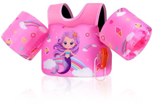 MoKo Gilet de Bain pour Enfants 20-50 lbs, Brassard de Natation avec Sangle Réglable, Gilet de Natation, Veste de Natation Flottant, Équipement de Natation, Rose Arc-en-Ciel Sirène Violette