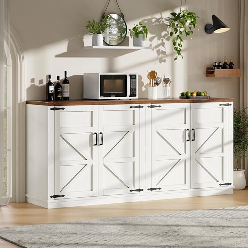 LinoraFurn Weißer Seitenschrank im Landhausstil mit Vier Türen, Maße 160x40x85 cm, Zwei höhenverstellbare Regale - Ideal als Aufbewahrungsschrank, Küchenschrank oder Anrichte