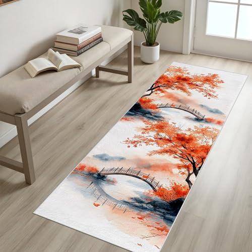 RJHDJSA Teppich Läufer Flur 90x210 cm, Natur Landschaft Flurteppich Waschbar rutschfest Teppichläufer, Orientalische Tuschemalerei Flurläufer, Orange Küchenteppich für Schlafzimmer Wohnzimmer