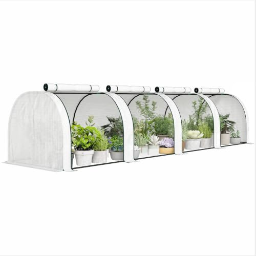 Outsunny Mini Serre de Jardin Tunnel 4 Portes 4x1x0,8m Acier Blanc | Serre à Tomates, Plastique Haute Densité Anti-UV, avec Zip Enroulables