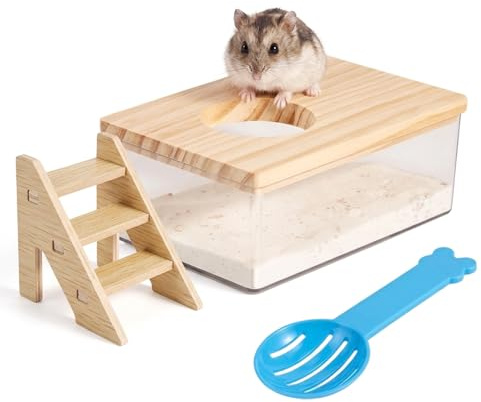TZMFHD Hamster Sand Bath Rectangular Box with Ladder & Random Colour Scoop | Rectangular Hamster Sand Bath, Pet Fur Cleaning Stress Relief Grooming Container, No Bath Sand Included
