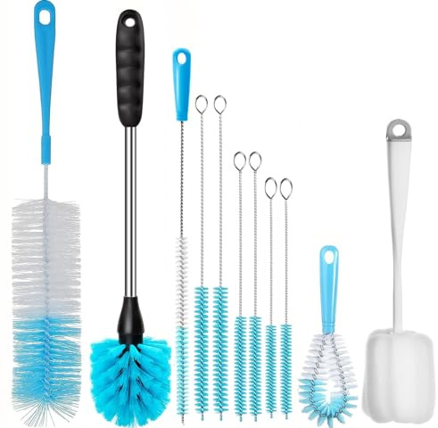 ALINK 11-Pack Bottle Cleaning Brush Set - Long Handle Blue Bottle Cleaner for Washing Narrow Wine/Beer Bottles, Thermos, HydroFlask Tumbler, Sports Water Bottles, Kettle/Lid Brush, Straw Brush