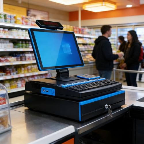 ALSUP Système de Point de Vente POS Haute Performance | Caisse Enregistreuse 15,6 Écran Tactile 8Go RAM + SSD 128Go Processeur Double Cœur pour Entreprises Professionnelles Black-2+32GB