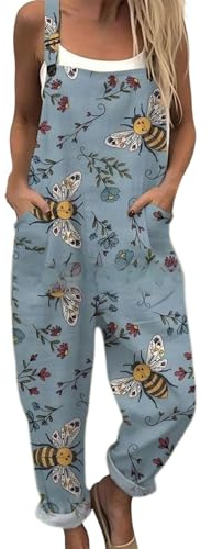 Women's Clothing Women's Dungarees Linen Jumpsuit Ladies Plus Size Casual Jumpsuits Floral Loose Fit Wide Leg Petite Summer Work Gardening Overalls for Women A-Blue M