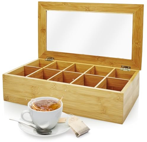 Lumaland Cuisine Scatola per il tè in bambù con 10 scomparti circa 36,7 x 20 x 9 cm | Materiale sostenibile | Pratico contenitore per le bustine di tè | Decorativo e nobile