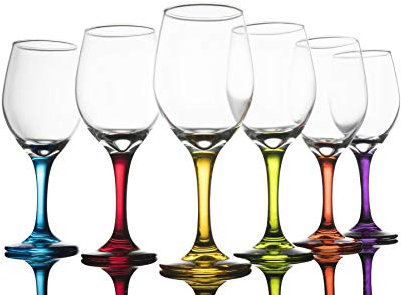 Trinkware Colored Stem Wine Glasses Set of 6 - Multi Yellow, Orange, Purple, Blue, Red, Green - Fun Party Wine Goblets -11oz
