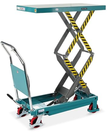 Ameise Scheren-Hubtischwagen | 700 kg Tragkraft | 1.500 mm Hubhöhe | 1.220x610 mm Plattform | Fahrbarer Hubtisch mit festem Bügel und Bremse | Fußbetriebene Hydraulikpumpe | Stahl | Türkisblau
