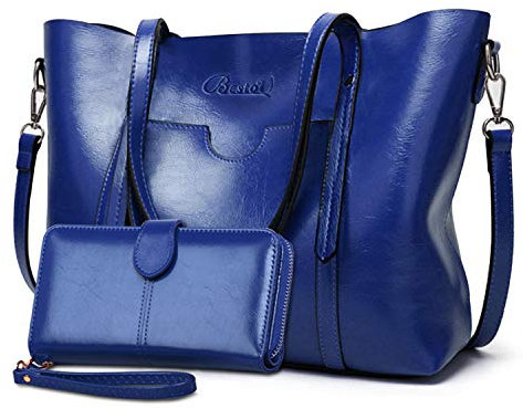 BestoU Damen Handtasche Leder Groß Tasche Shopper Schultertasche Umhängetasche Henkeltasche Damen 2pcs Set (Blau)