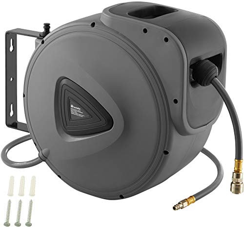 tectake® Enrollador de manguera retráctil con soporte mural extraíble, giratorio 180 °, manguera aire comprimido, aire a presion, kit herramientas, incluye material de montaje - 30 Metros