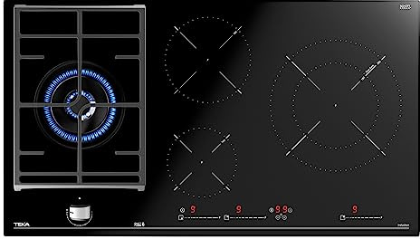 TEKA Placa de Gas Cristal + Inducción Hybrid 90 cm, 4 Zonas (3 Inducción + 1 Gas), Touch Control Multislider, ExactFlame, Doble Anillo, Stop&Go, Modelo JZC 94313 ABN