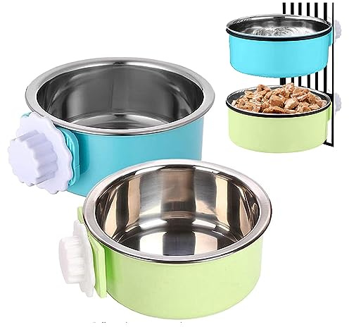Tfwadmx Crate Dog Bowl Cat Removable Stainless Steel Food and Water Feeder Hanging Cage Bowls Coop Cup with Cleaning Set for Pet Puppy Bird Rat Guinea Pig Ferret Bunny Rabbit 2Pcs