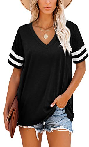Aokosor Överdimensionerade T-shirts för kvinnor V-ringad damer randig ärm sommartoppar ledig lös tröja, Stil – svart, XL