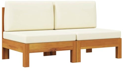 vidaXL 2X Akazienholz Massiv Mittelsofa mit Cremeweißen Kissen Sofa Lounge Gartensofa Einzelsofa Gartenmöbel Loungesofa Garten Balkon Terrasse