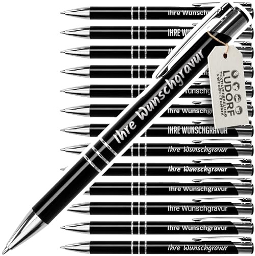 #teamludorf 100x Metall-Kugelschreiber mit Wunsch-Gravur - Personalisierte Kulis - Stift mit Namen - 14 Farben & 20 Schriftarten - 100 Stück - Schwarz