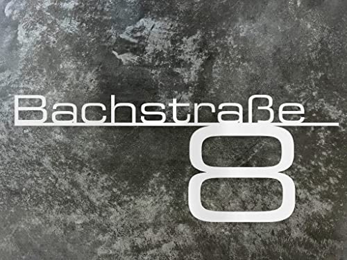 Metzler Hausnummer Weiß, individueller Schriftzug Edelstahl, Hausnummernschild, Straßenschild, Wunschstraßenname und Hausnummer, 3D-Effekt & Wetterfest, Made in Germany, Länge: 1200 mm