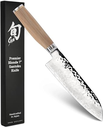 Shun Premier Blonde 7 Santoku Knife, Handcrafted and Hand-Sharpened Japanese All Purpose Knife, VG-MAX Core with Damascus Stainless Steel Cladding, Pakkawood Handle, Versatile Japanese Cutting Tool