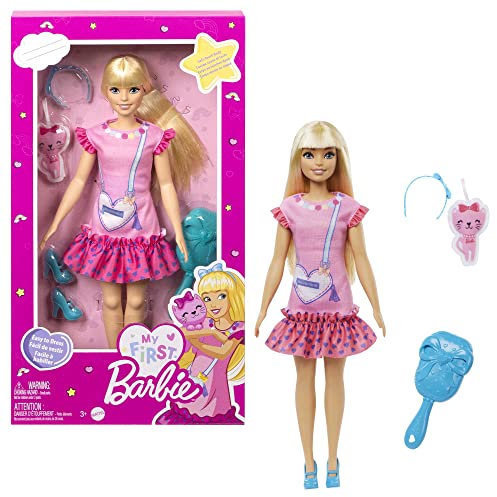 Barbie - La Mia Prima Barbie, giocattolo per bambini 3+ anni, Bambola alta 34 cm con busto morbido e arti snodati, abito rosa e una borsetta a forma di cuore, accessori e cucciolo di peluche, HLL19