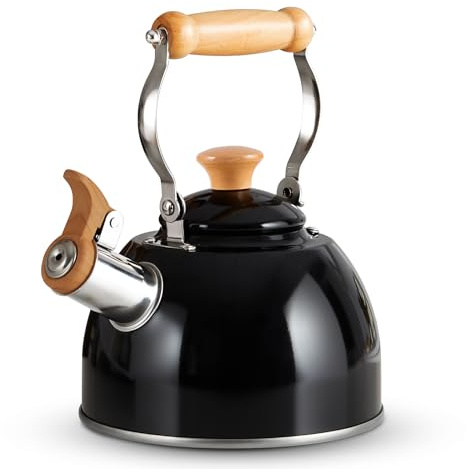 Wasserkessel Induktion, Flötenkessel für alle Herdarten, Edelstahl Teekessel Camping mit Holzgriff, Cool-Touch-Griff Teekanne Vintage 1.5L Schwarz