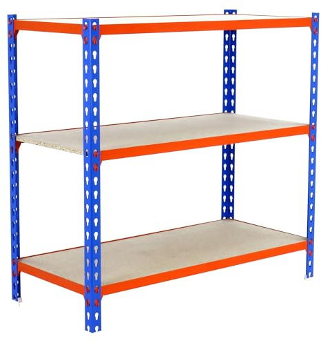 Simonrack Schwerlastregal, Lagerregal, 100x110x50 cm, Metallregal, Kellerregal, Biegestelle 200 kg, 3 Holzfachböden, Blau/Orange/Holz - Maderclick