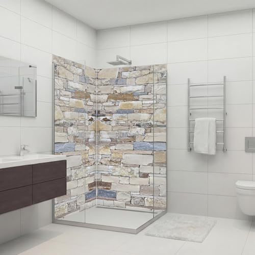 dedeco Eck-Duschrückwand wasserfest Motiv: Stein V3, 2 x 80x210 cm, als Badrückwand zum Fliesenersatz, als Dekorwand, Wandverkleidung und Duschplatte aus Aluminium - Made in Germany