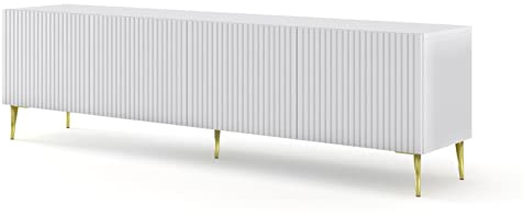 BIM Furniture Lowboard TV Schrank Ravenna B 4D 200 cm gefräste dekorierte MDF-Fronten auf goldenen Metallbeinen Stehen Unterschrank Fernsehschrank TV Board Sideboard HiFi-Tisch (Weiß Matt)