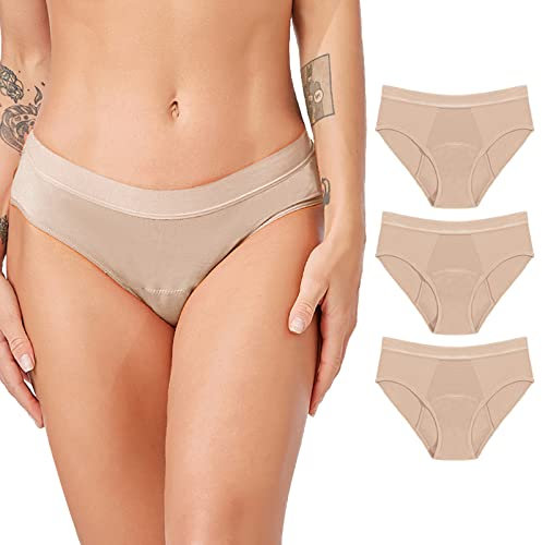 Jamron Mujer Pack de 3 Bragas Menstruales Flujo Abundante - Bragas Absorbentes Incontinencia Lavable - Ropa Interior para Regla Periodo Mentruación Beige + Beige + Beige L