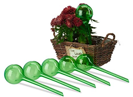 Relaxdays Sfere per Irrigazione, Set da 6, HxD 28x8 cm, Irrigatori da 250 ml per Piante e Fiori in Vaso, Plastica, Verde