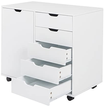 FIONEL Aktenschrank Rollcontainer Aktenschrank aus Holz, 78 x 40,5 x 68 cm, Einzeltür, 5 Schubladen, MDF, Weiß, Bodenschließfach, geeignet for Büro und Zuhause Büroschrank