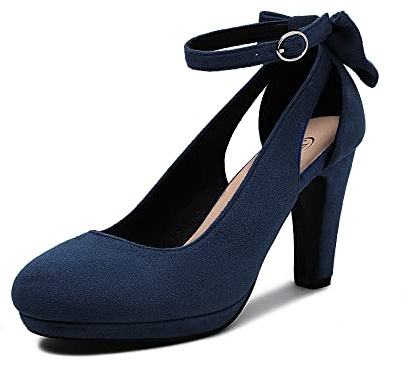 elerhythm Mary Jane Heels med rosett retro stängd rund tå mocka ankelrem pumpar Gatsby vintage skor, marinblå, 40 EU
