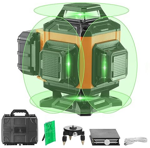 VEVOR Livella Laser Raggio max. 30m Livella Laser 360° x 4 Linee Trasversali Verdi Modalità Manuale Autolivellamento Lunghezza d'Onda Laser 520nm ± 10nm Precisione tra 0,28cm - 10m