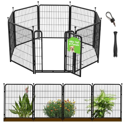 Getlay 48 in(H) Decorative Garden Fence with Gate,8 Panels Total 17.7 Ft(L) Heavy Duty Iron Animal Barrier Fence for Yard,Suitable for Indoor Pet Or Outdoor Dog Fencing, Garden Border Fence