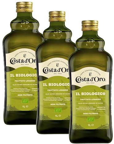 Costa d'Oro – Il Biologico 1L. Olio extravergine di oliva non filtrato, estratto a freddo, prodotto secondo i metodi della filiera biologica. Bottiglia da 1 litro. (Confezione da 3)