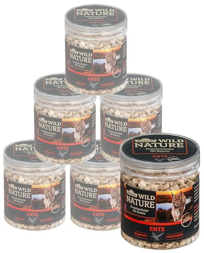 Dehner Wild Nature kattmellanmål, premium godsaker glutenfri/sockerfri, för näringskänsliga katter, frystork, anka, 6 x 20 g (120 g)