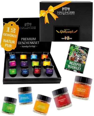 Hallingers Genuss Manufaktur Gewürz Glückwunsch-Geschenk-Set - 12 Gewürze aus aller Welt in wertiger Geschenkbox mit Rezept-Booklet Herzlichen Glüc..., Geschenkidee für Frauen Männer