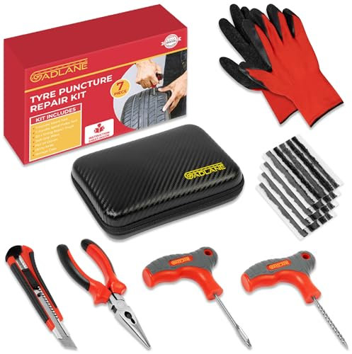 GADLANE Premium Tubeless Reifen Reparaturset - 7pcs Flacher Reifen Reparatursatz für Auto, Motorrad, LKW, ATV, Jeep, Traktor & mehr - Tubeless Autoreifen Pannenreparaturset - Auto Notfall Kit