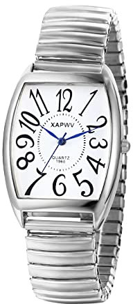 Avaner Montre Homme à Bracelet élastique: Montre Bracelet Réglable pour Homme et Couple Montre étanche Analogique à Quartz Chiffres Arabes Bracelet Rigide en Acier Fin Argent