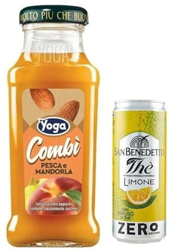 24er-Pack Yoga Pesca e Mandorla,Fruchtsaft mit Pfirsich- und Mandel,Erfrischendes alkoholfreies Getränk, 200ml Einweg-Glasflasche + 1er-Pack San Benedetto Eistee mit Zitrone Ohne Zucker 330ml Dose