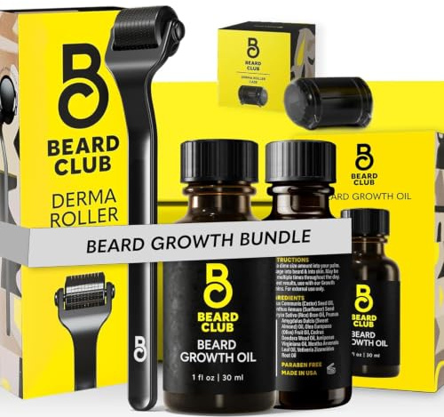 Beard Club Premium Derma Roller & Beard Growth Oil - Microneedling Roller with 540 Titanium Microneedles for Face, Body and Scalp - Beard Roller with Sandalwood & Cedar Beard Oil