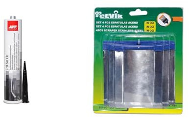 AUTO-PLAST PRODUKT APP PU 50 FC Colle-mastic carrosserie voiuture polyuréthane étanche & Cevik CE-2240 - Juego 4 espátulas carrocero de 60/80/100/120 mm Acero Inox.