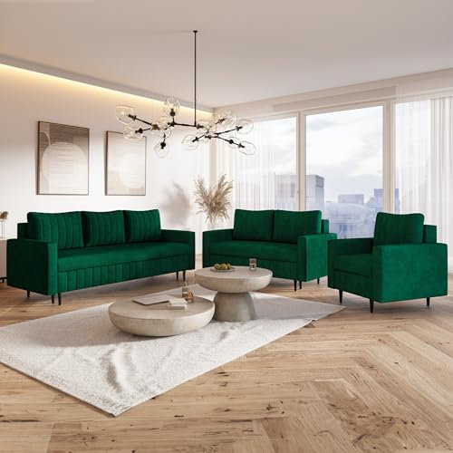 MOTIVENA Leo Sofagarnitur - 3-2-1 Wohnzimmer Sofa, Bonellfederkern (H4), Samt, Dunkelgrün