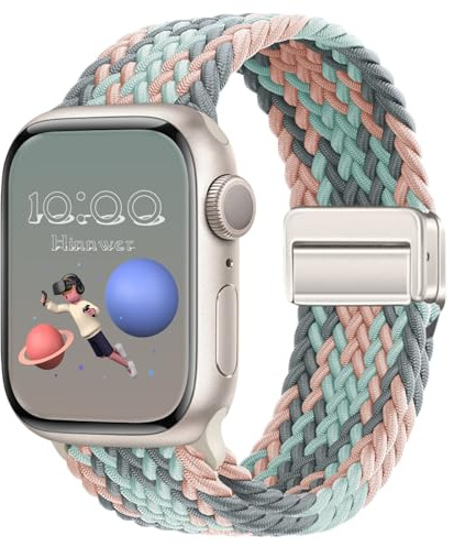 Hinnwer Bracelets Tressé Magnétique pour Apple Watch 42mm 41mm 40mm 38mm | Élastique Nylon Band avec Fermoir Magnétique pour iWatch SE 3 SE 2 SE Series 11 10 9 8 7 6 5 4 3 2 1 Gris Bleu Rose